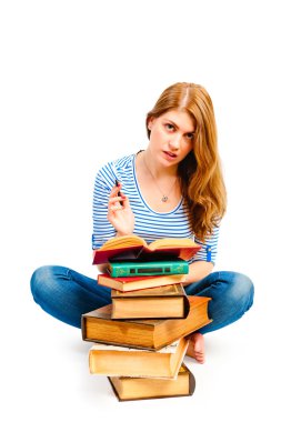 tortured girl with books makes lessons clipart