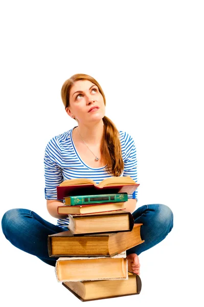 Russian student sitting with pile of literature — Stock Photo, Image