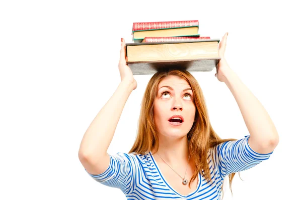 Literature lies on the head of a beautiful student — Stock Photo, Image