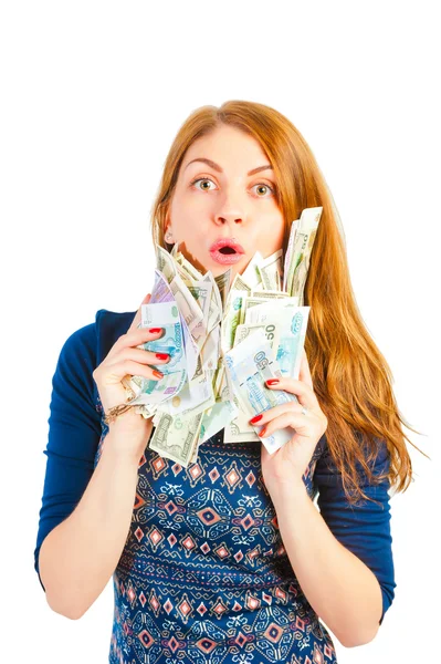 Emotionales Mädchen mit einem Haufen Geld im Studio — Stockfoto