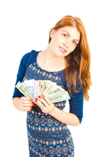 Mooie lachende vrouw met een fan van geld — Stockfoto