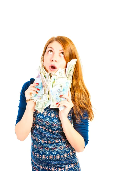 Menina surpreso pensa em gastar dinheiro — Fotografia de Stock