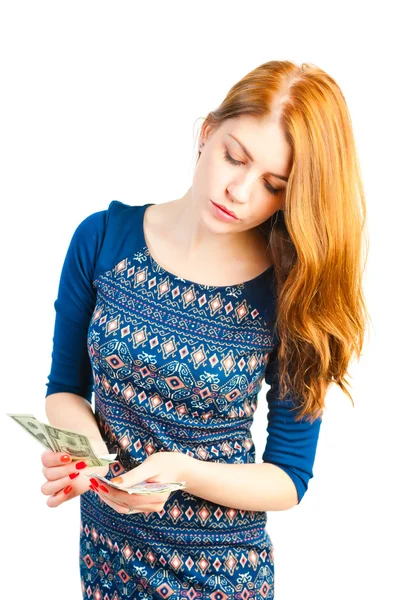 Rich woman counts the money in the studio — Stock Photo, Image