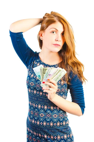 Young businesswoman with money on white background — Stock Photo, Image