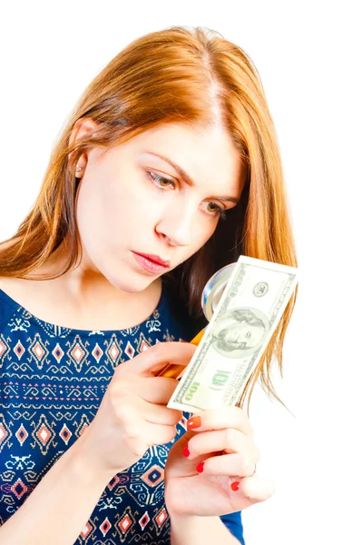 Bank employee checks on the authenticity of money — Stock Photo, Image