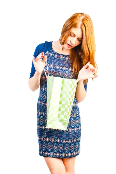 Surprise for a girl in a green package — Stock Photo, Image