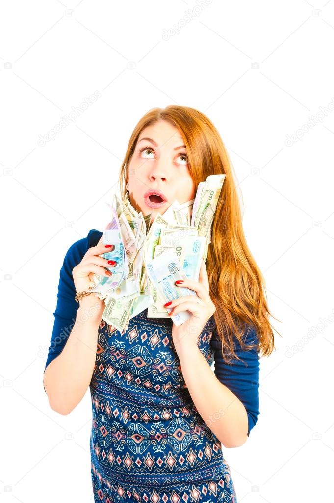 Surprised girl thinks to spend money