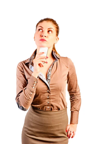 Pensive look head office with telephone — Stock Photo, Image