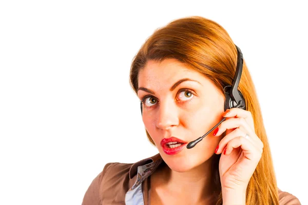 Operator with headset on white background in studio — Stock Photo, Image