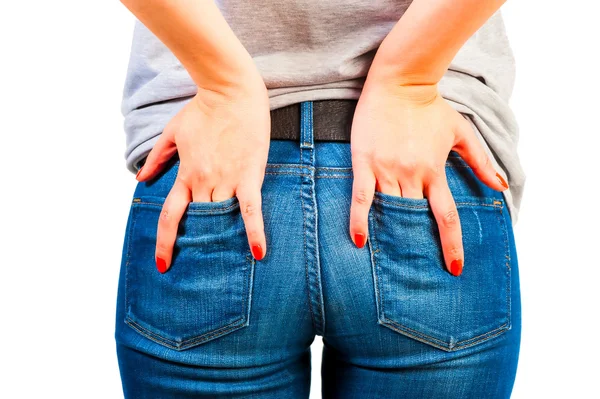 Bunda feminina em jeans com bolsos — Fotografia de Stock