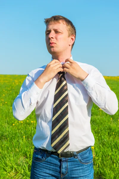 Retrato de um homem de negócios, endireita sua gravata no campo — Fotografia de Stock