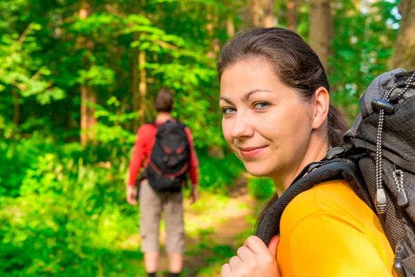 Vandring i sommar skog med gott mod — Stockfoto