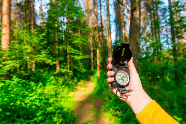 Kvinnliga handen håller en kompass i skogen — Stockfoto
