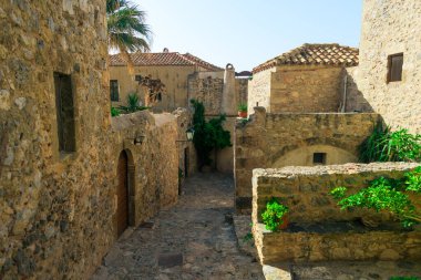 Monemvasia 'daki şehir manzarası, mimari detay, Moreloponnese, Yunanistan