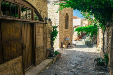 Monemvasia 'daki şehir manzarası, mimari detay, Moreloponnese, Yunanistan