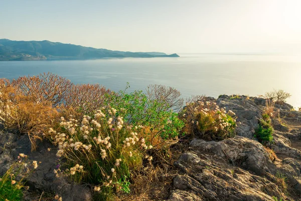 Yunan Adasının Kayalık Kıyıları Deniz Manzarası Manzara Yunanistan — Stok fotoğraf