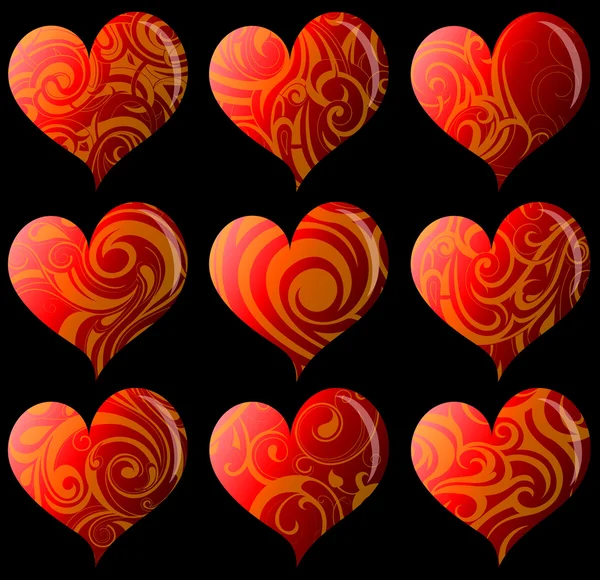 Conjunto de nueve corazones decorativos — Vector de stock