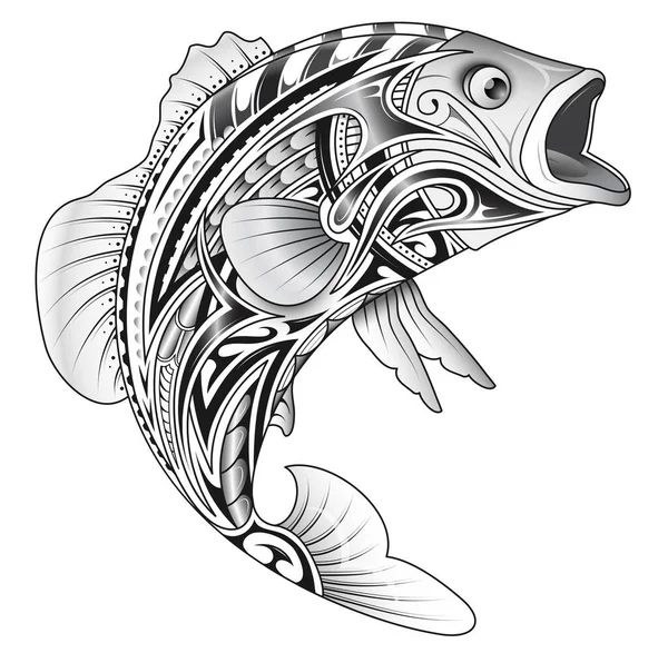 Hiasan Ikan Salmon Tato Dengan Ornamen Tradisional Polinesia - Stok Vektor