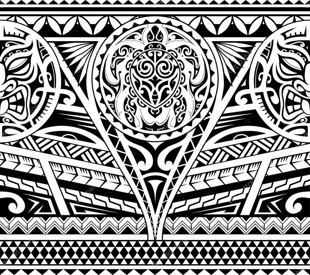 Tribal armband design in Maori ethnic style with turtle and mask