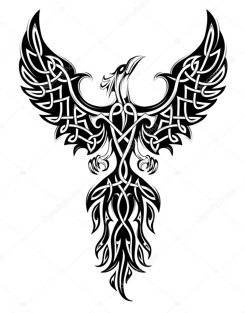 Elegant phoenix drawing with celtic style elements