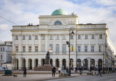WARSAW, POLAND. MARCH 08, 2022. Warsaw Society of Sciences building and Monument to Nicolaus Copernicus.