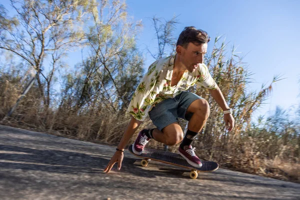 Young Man Skateboarding Performing Tricks River Channel Sunny Summer Afternoon — Stock Photo, Image