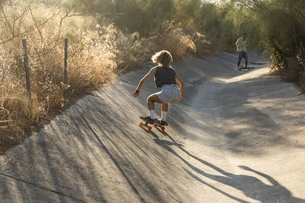 Young Blonde Woman Skateboarding River Channel Sunny Summer Afternoon — Stock Photo, Image