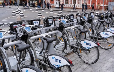 Moscow, Russia - September 25, 2019: Rental Bikes for Sharing for tourists at moscow station., City Bikes.