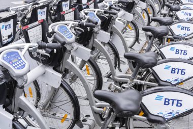 Moscow, Russia - September 25, 2019: Rental Bikes for Sharing for tourists at moscow station.