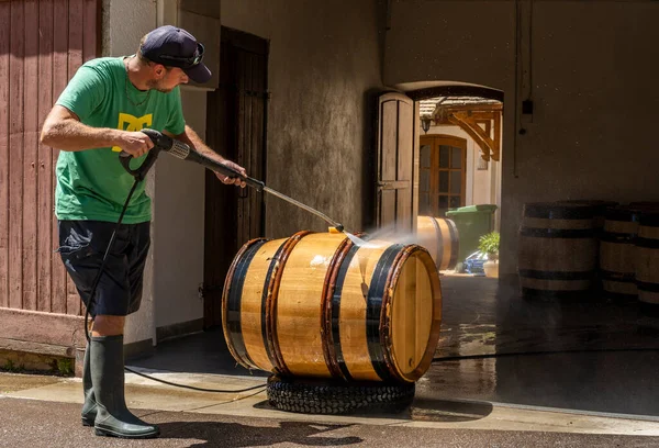 Monthelie France June 2020 Cleaning Wine Barrels Street Front Clos — Stock Photo, Image