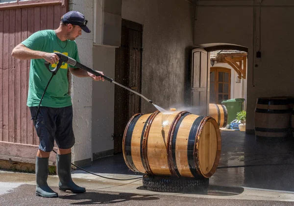 Monthelie France June 2020 Cleaning Wine Barrels Street Front Clos — Stock Photo, Image