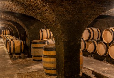 Meursault, France - July 2, 2020: Wine barrels in the cellar of the domaine Ropiteau Freres, Meursault, burgundy, France.