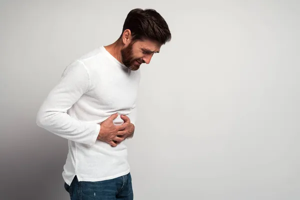 Young Man Having Stomachache Young Man Keeping Hands His Stomach — Stock Photo, Image