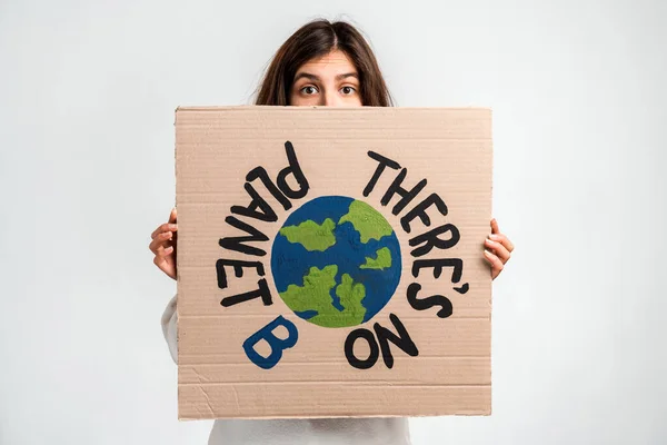 Caucasian Brunette Curly Woman Holding Carton Placard Theres Planet Writing — Stock Photo, Image