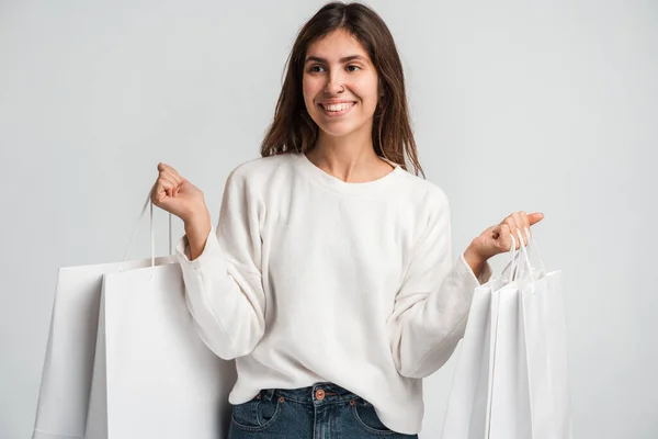 Ich Nehme Alles Porträtansicht Der Charmanten Liebenswerten Niedlichen Brünetten Frau — Stockfoto