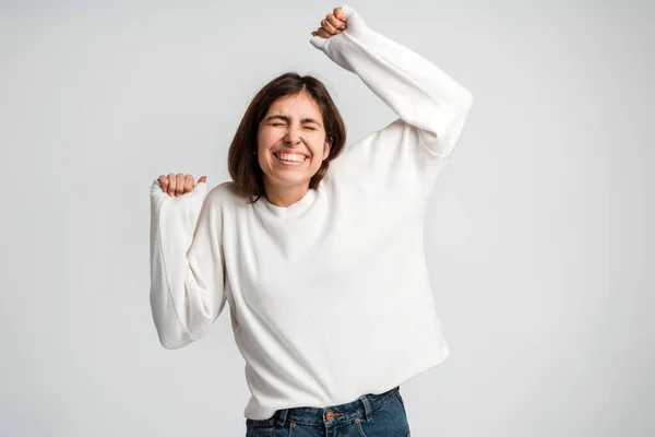 Chica Feliz Expresando Emociones Sinceras Bailando Con Expresión Feliz Olvida —  Fotos de Stock