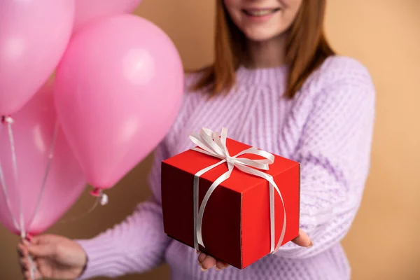 Cropped View Happy Young Woman Holding Red Box Gift Present — Fotografia de Stock