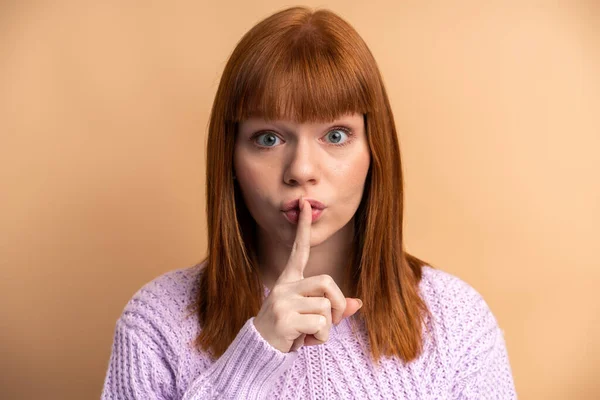 Shh Quiet Portrait Serious Woman Showing Silence Gesture Finger Her — Stockfoto
