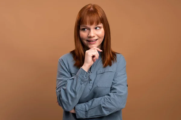 Portrait Adorable Positive Woman Touching Face Her Hand Having Great — Foto Stock