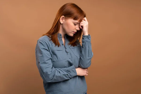 Tired Stressed Young Caucasian Woman Holding Head Hands Keeping Eyes — Φωτογραφία Αρχείου