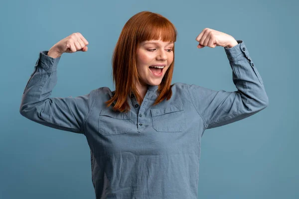 Have Power Portrait Proud Woman Raising Hands Show Biceps Feeling — Stock Fotó