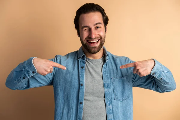 Portrait Self Confident Narcissistic Man Denim Shirt Smiling Satisfied Pointing — Zdjęcie stockowe