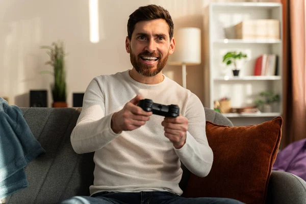 Waist Portrait Bearded Caucasian Man Joystick Playing Video Game Alone — 스톡 사진