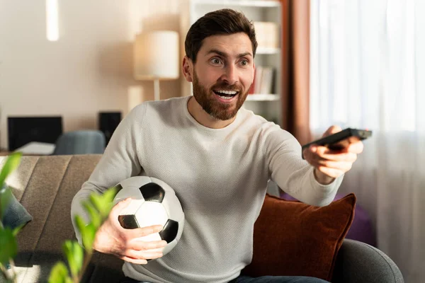 Overjoyed Young Caucasian Man Support Favorite Team Ball Football Fan — 스톡 사진