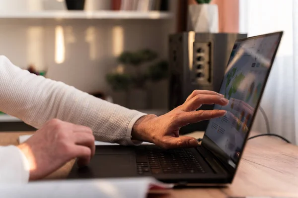 Close Guy Sitting Table Laptop Working Remotely Stock Photo Online — Zdjęcie stockowe