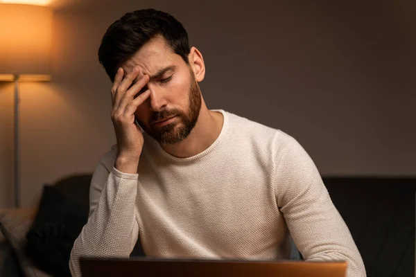 Stressed Overworked Businessman Freelancer Exhausted Hard Work Suffering Migraine Headache — стоковое фото