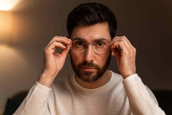 Confident Stylish Guy Posing His Apartments Young Man Glasses Sitting — Zdjęcie stockowe