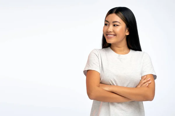 Imagem Mulher Bonita Sonhando Positivo Segurando Equilíbrio Branco Cartão Crédito — Fotografia de Stock