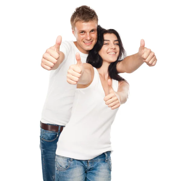 Happy young couple with his thump up. Focus On hands — Stock Photo, Image