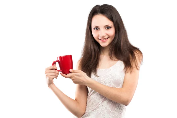 Chica feliz con taza roja — Foto de Stock